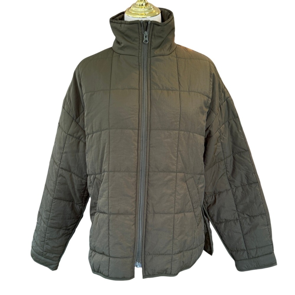 Green Quilted Puffer Jacket Full Zip Mock Neck Nylon Mens Large lightweight